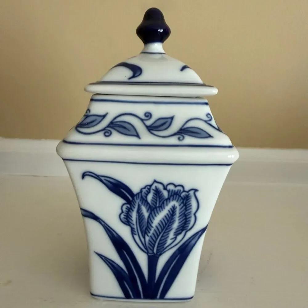 Bombay Company Blue & White Tulip Lidded Container | Ceramic Decorative Jar